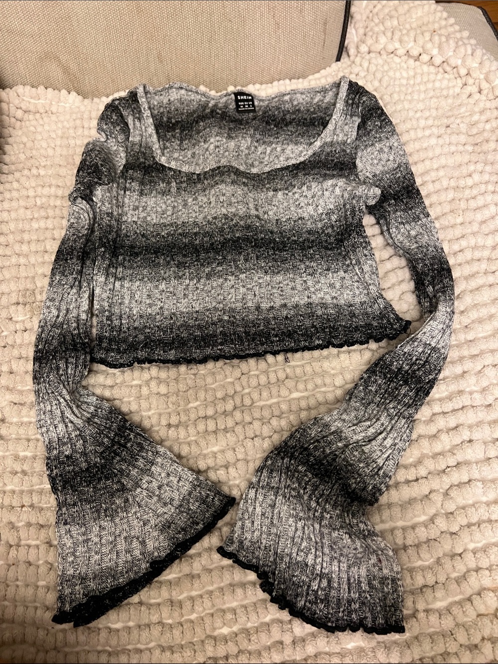 SHEIN Gray Ombre Off-Shoulder Ribbed Bell Sleeve Crop Sweater